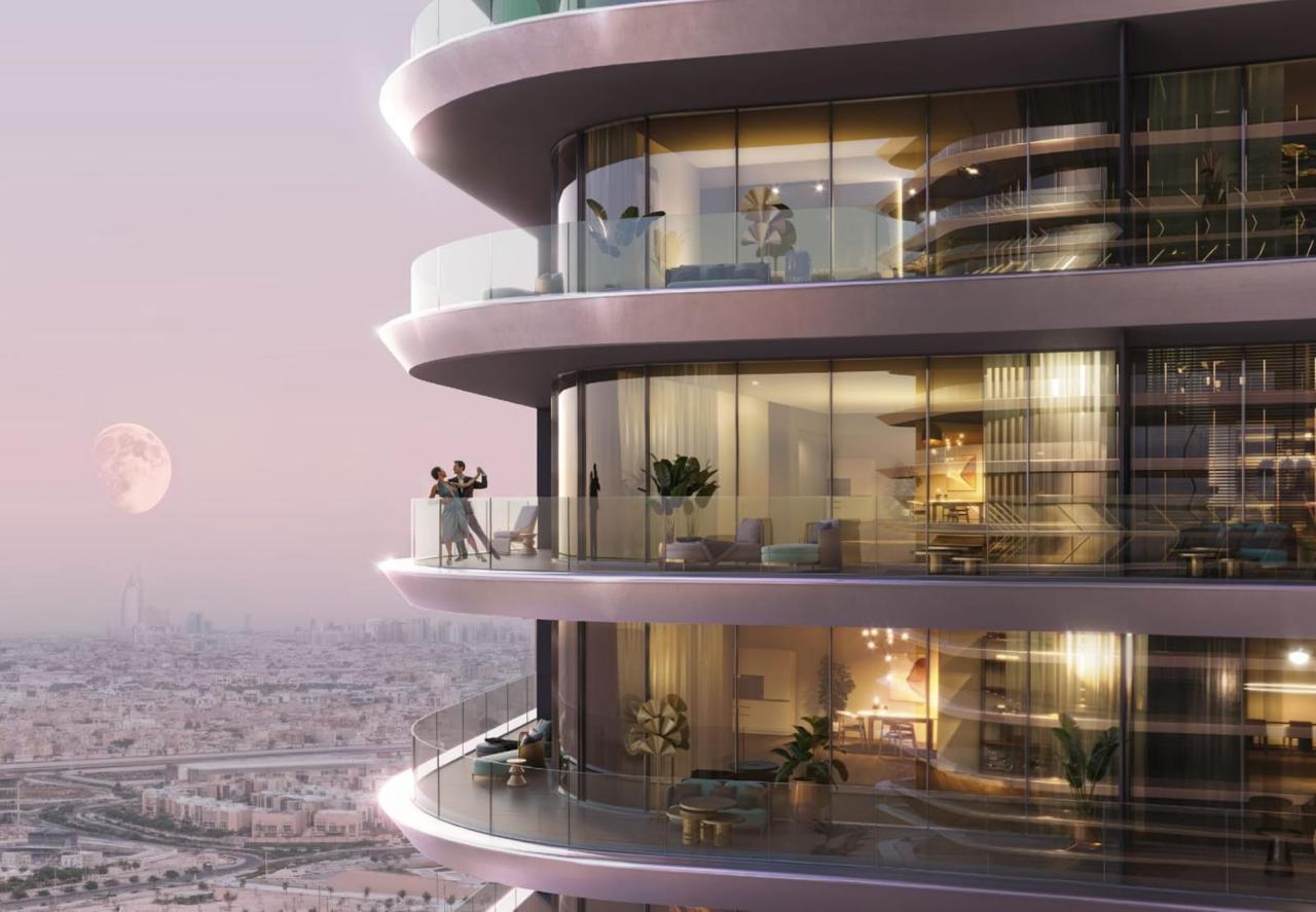 Modern luxury apartments with curved balconies overlooking the vibrant cityscape of Dubai