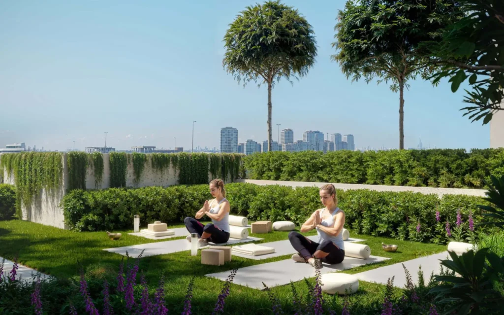 yoga outside in luxury development